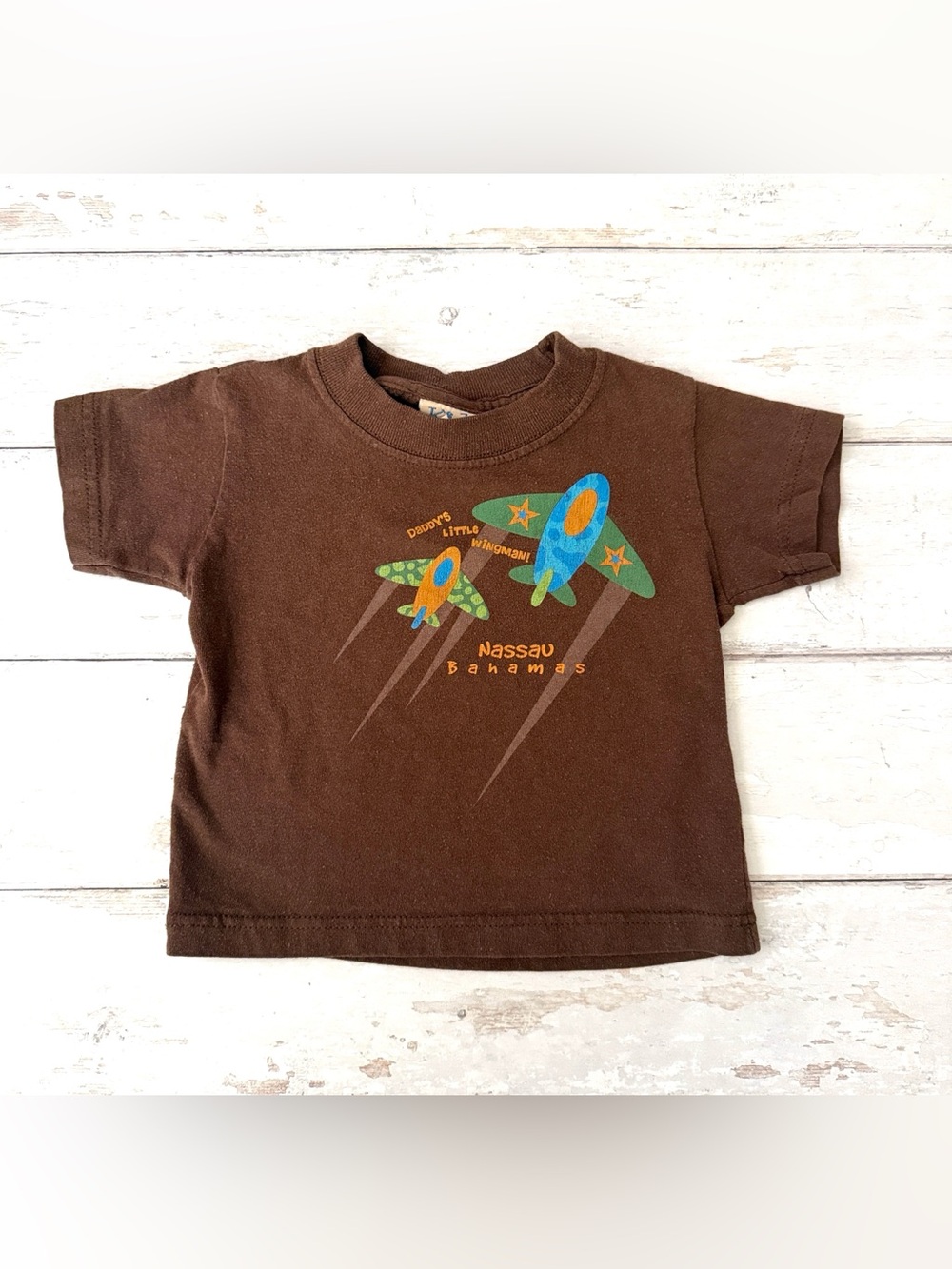 Boys 2T Brown Short Sleeve Cotton Blend Tee Kids Toddler Airplane Bahamas Shirt
